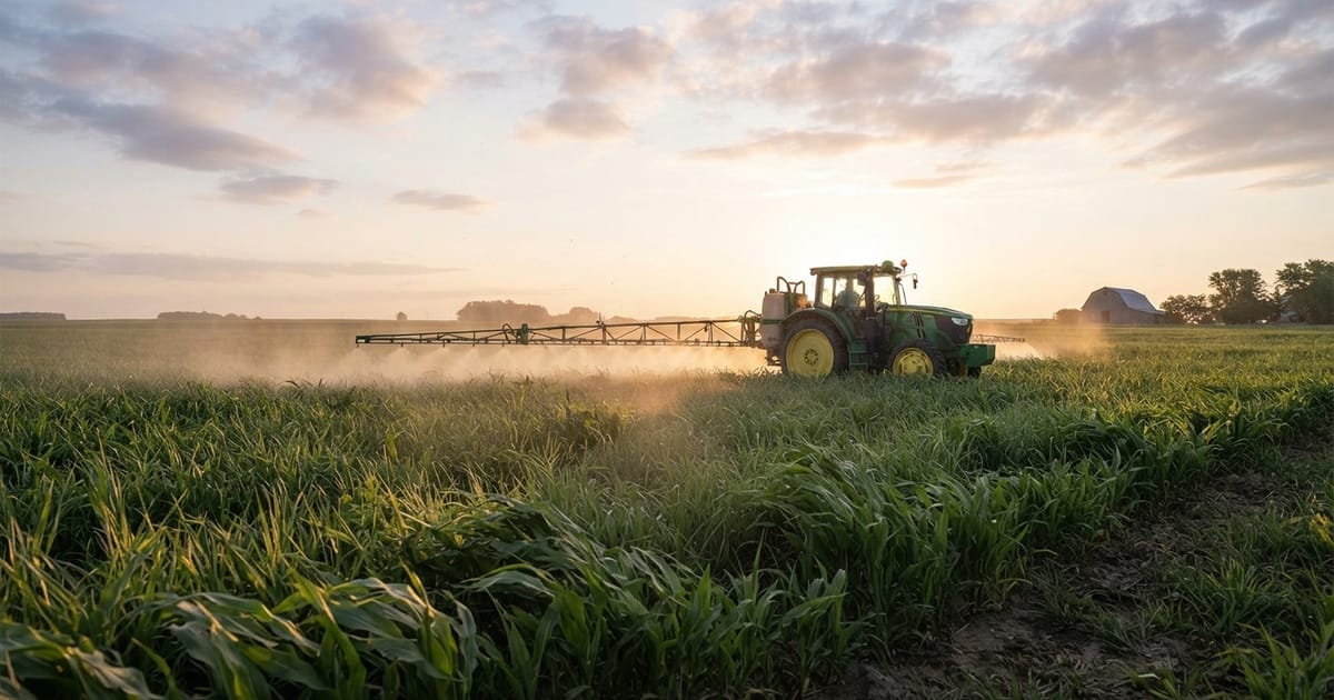 A tractor spraying a field at sunrise under calm, clear weather