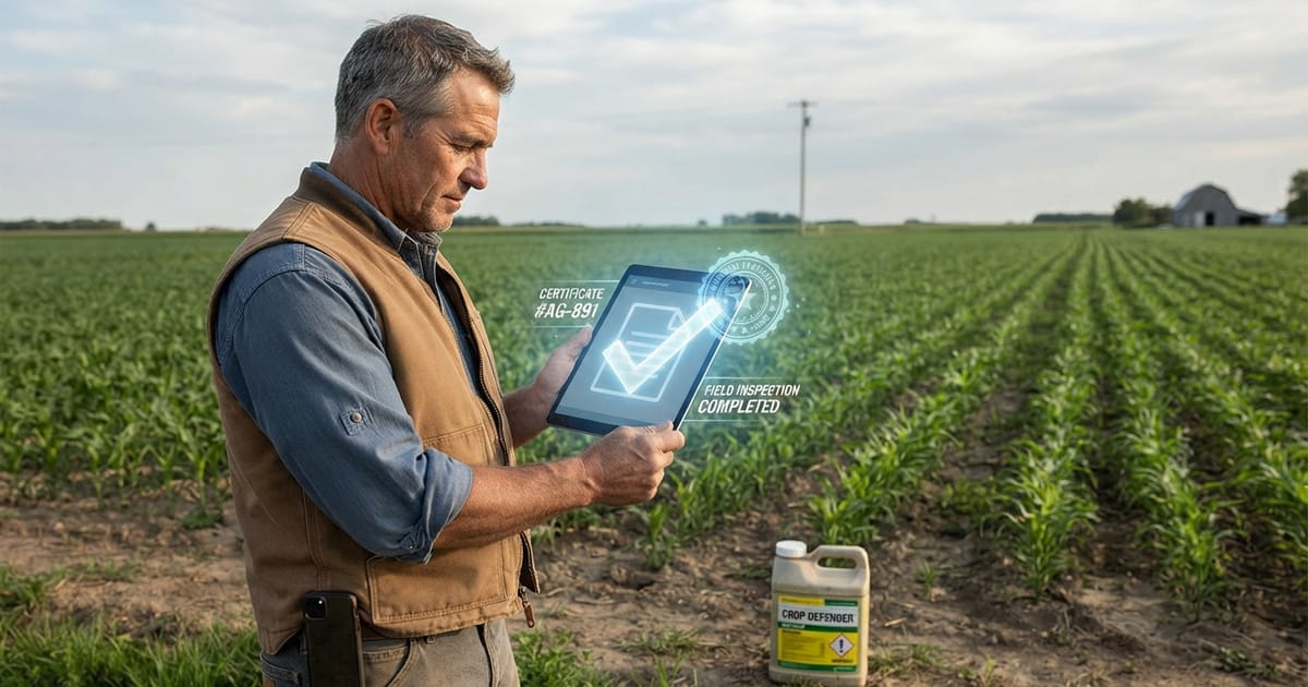 A farmer checking a pesticide product's registration status on a tablet at the edge of a corn field