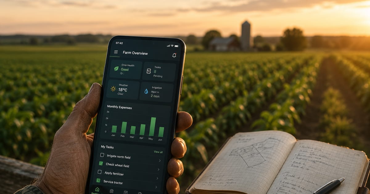 A farmer holding a phone showing a farm management dashboard next to a handwritten field notebook