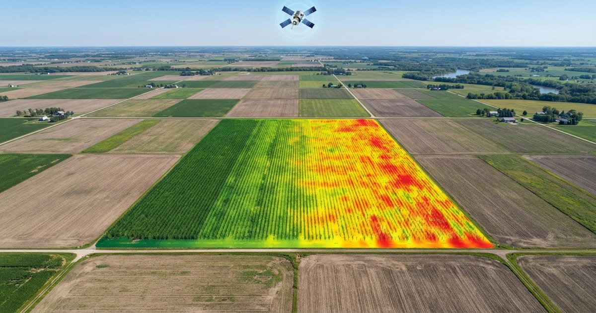 Aerial satellite view of a farm field showing a green-to-red NDVI vegetation health map