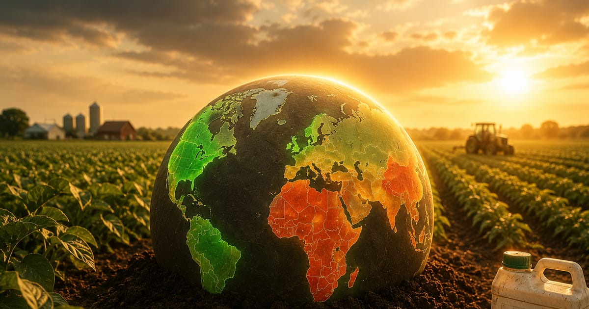 A globe with countries colored by pesticide regulation status, resting in a farm field