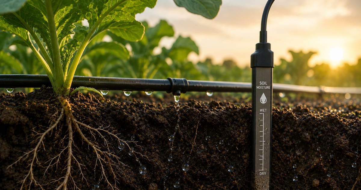 Cross-section of soil showing plant roots, a soil moisture probe, and a drip irrigation line